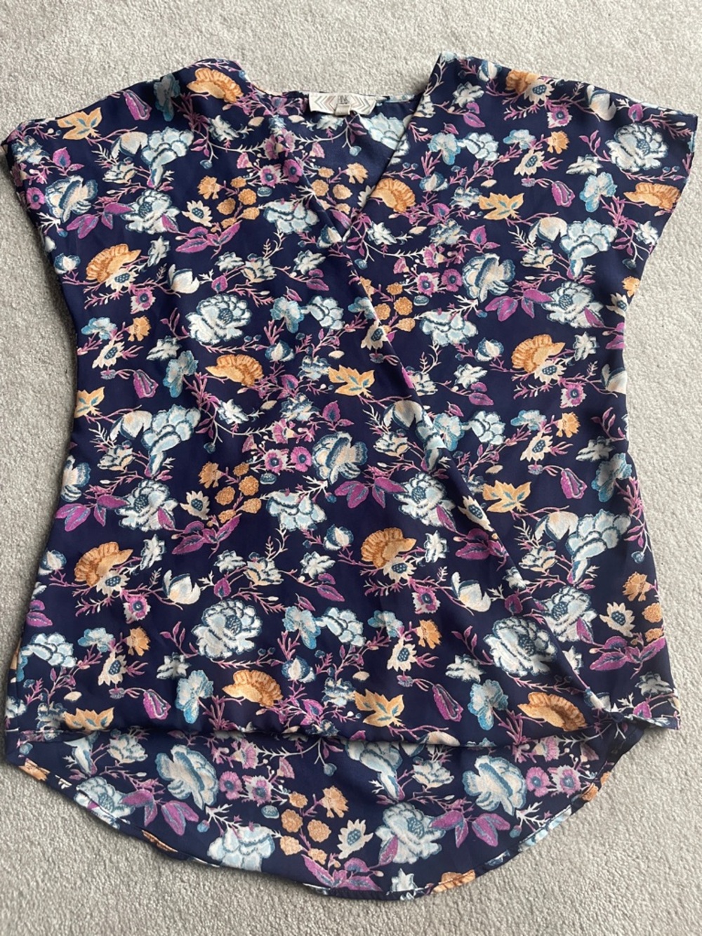 Pink Rose Navy Floral Wrap-Style Blouse